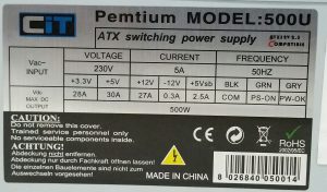 CiT Pemtium 500U ATX Switching Power Supply Unit PSU 500W - Image 3