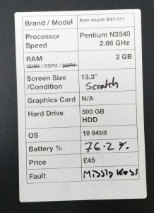 Acer Aspire MS2393 ES1-311 Series Pentium N3540 2.66GHz 2GB Ram 500GB HDD Windows 10 64 - Image 2