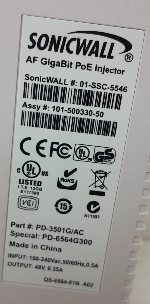 SonicWall 01-SSC-5546 PD-3501G/AC AF Gigabit PoE Injector - Image 3