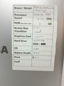 Toshiba Satellite Pro L450-13P - Celeron 900 2.2GHz - 2GB RAM - 15.6" - 250GB HDD - Windows 10 Pro - Image 3