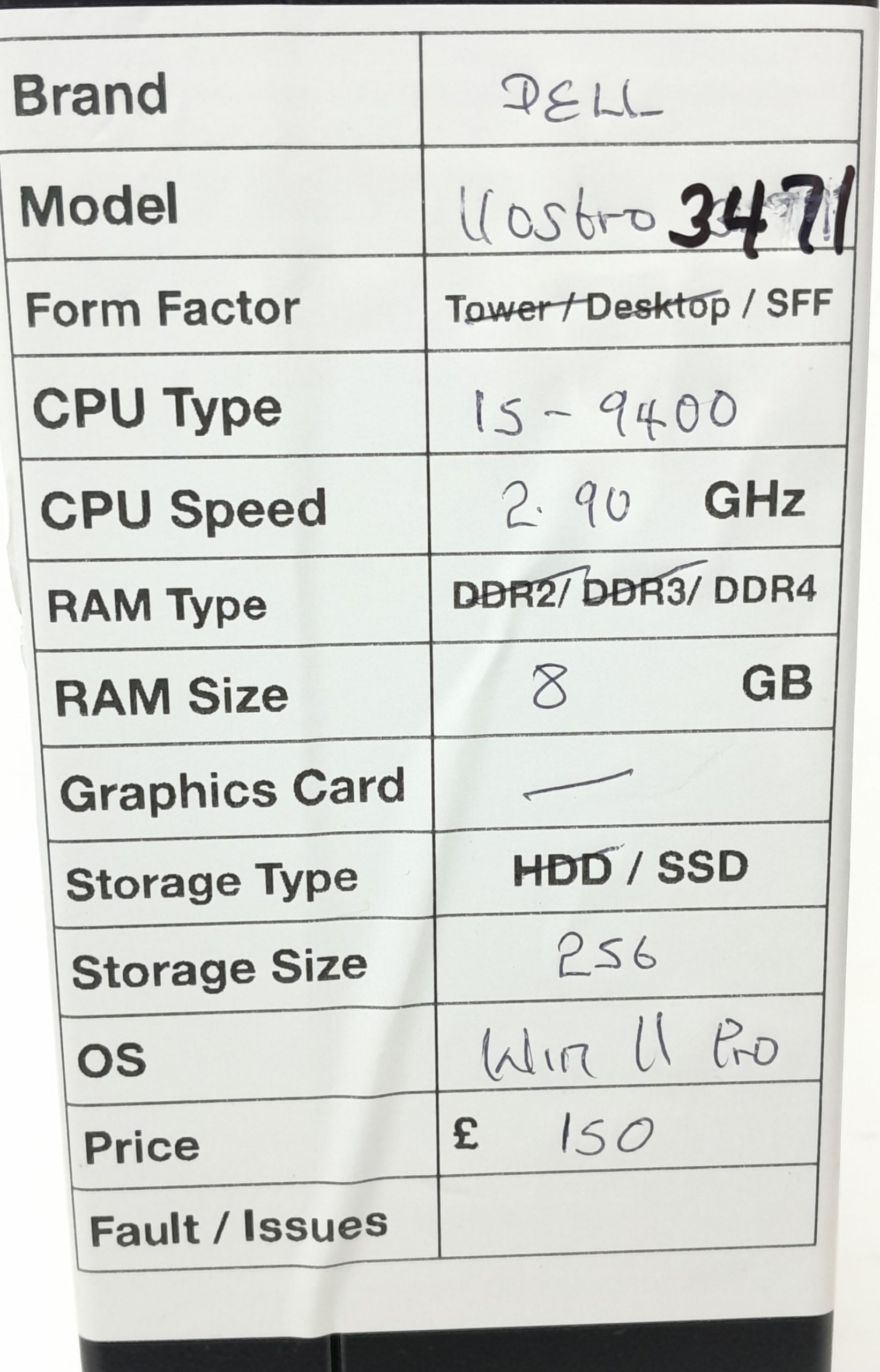 Dell Vostro 3471 SFF i5-9400 2.90GHz 8GB Ram 256GB SSD Windows 11