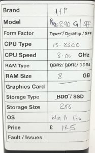 HP 290 G1 SFF i5-8500 3GHz 8GB RAM 256GB SSD Windows 11 Pro - Image 3