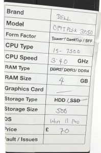 Dell Optiplex 3050 SFF i5-7500 3.40GHz 4GB RAM 500GB HDD Windows 11 Pro - Image 3