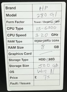 HP 280 G1 - Tower - i5-6500 3.20GHz  - 8GB RAM - 500GB HDD - Windows 11 - Image 3