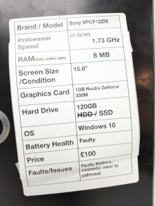 Sony PCG-81112M - i7-Q740 1.73GHz - 8MB Ram - 15.6" - 1GB Nvidia Geforce 330M - 120GB SSD - Windows 10 - Image 3