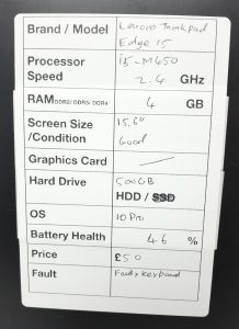 Lenovo Thinkpad Edge 15 - i5-M450 2.4GHz - 4GB Ram - 15.6" - 500GB HDD - Windows 10 Pro - Image 3