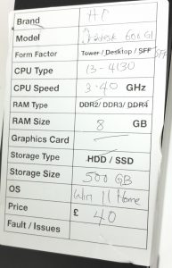 HP ProDesk 600 G1 - SFF - i3-4130 3.40GHz - 8GB Ram - 500GB SSD - Windows 11 Home - Image 3