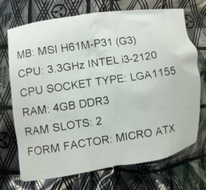 MSI Motherboard With I/O Shield H61M-P31 G3 LGA1155 DDR3 MICRO ATX - Image 3
