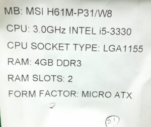 MSI Motherboard With I/O Shield H61M-P31/W8 LGA1155 DDR3 MICRO ATX - Image 3