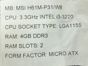 MSI Motherboard i3-3220 With I/O Shield H61M-P31/W8 LGA1155 DDR3 MICRO ATX - Image 3
