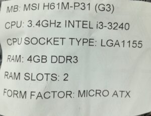 MSI Motherboard i3-3240 With I/O Shield H61M-P31 (G3) LGA1155 DDR3 MICRO ATX - Image 3