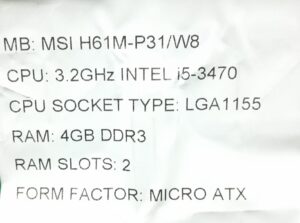 MSI Motherboard With I/O Shield H61M-P31/W8 LGA1155 DDR3 MICRO ATX - Image 3
