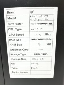 HP Windows Tower PC 290 G1 MT - i3-7100 3.9GHz - 8GB RAM - 500GB HDD - Windows 11 Pro - Image 3