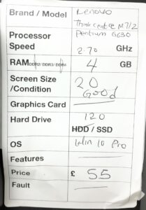 Lenovo All In One PC ThinkCentre M71z - Pentium G630 @ 2.70GHz - 4GB Ram - 20" - 120GB SSD - Windows 10 Pro - Image 3