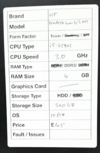 HP Windows Tower PC ProDesk 400 G2 - i5-4590S 3.0GHz  - 4GB RAM - 500GB HDD - Windows 10 Pro - Image 3