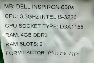 Dell Motherboard Intel i3-3220 With I/O Shield Inspiron 660s LGA1155 DDR3 MICRO ATX - Image 3