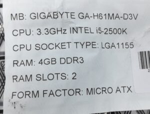 Gigabyte Motherboard Intel i5-2500K With I/O Shield GA-H61MA-D3V LGA1155 DDR3 MICRO ATX - Image 3