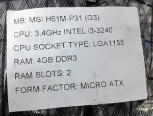 MSI Motherboard Intel i3-3240 With I/O Shield H61M-P31 (G3) LGA1155 DDR3 MICRO ATX - Image 3