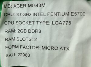 Acer Motherboard Intel Pentium E5700 With I/O Shield MG43M LGA775 DDR3 MICRO ATX - Image 3